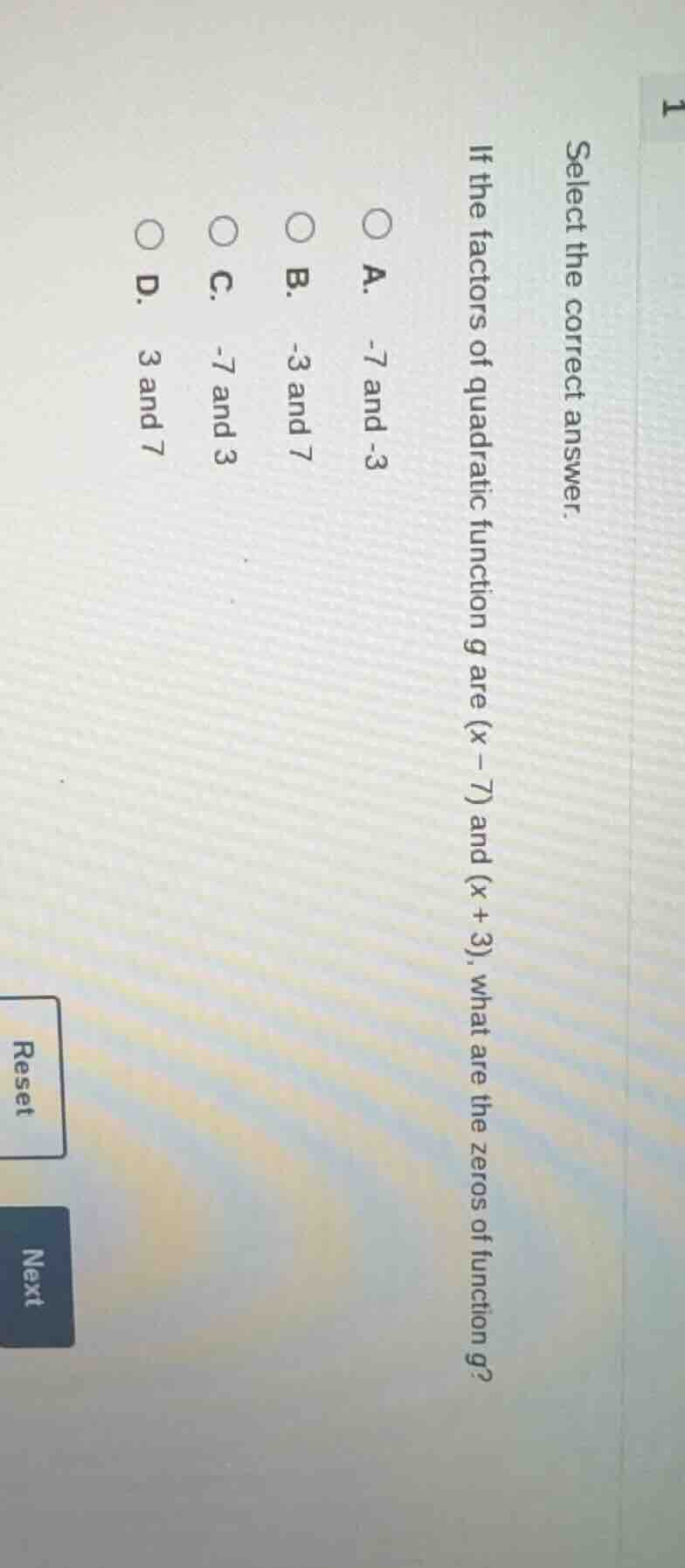 select the correct answer. if the factors of quadratic function g are (…
