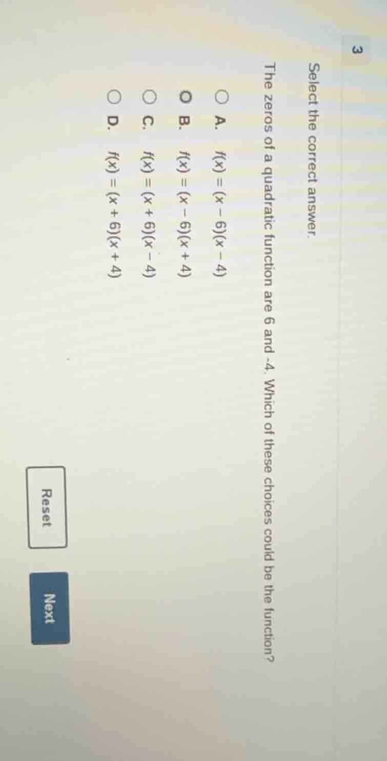 select the correct answer. the zeros of a quadratic function are 6 and …