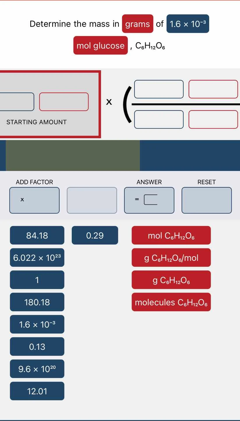 determine the mass in grams of 1.6 × 10⁻³ mol glucose, c₆h₁₂o₆. the int…