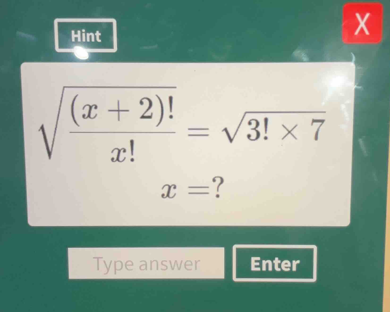 solve the equation \\(\\sqrt{\\frac{(x + 2)!}{x!}} = \\sqrt{3!} \\times…
