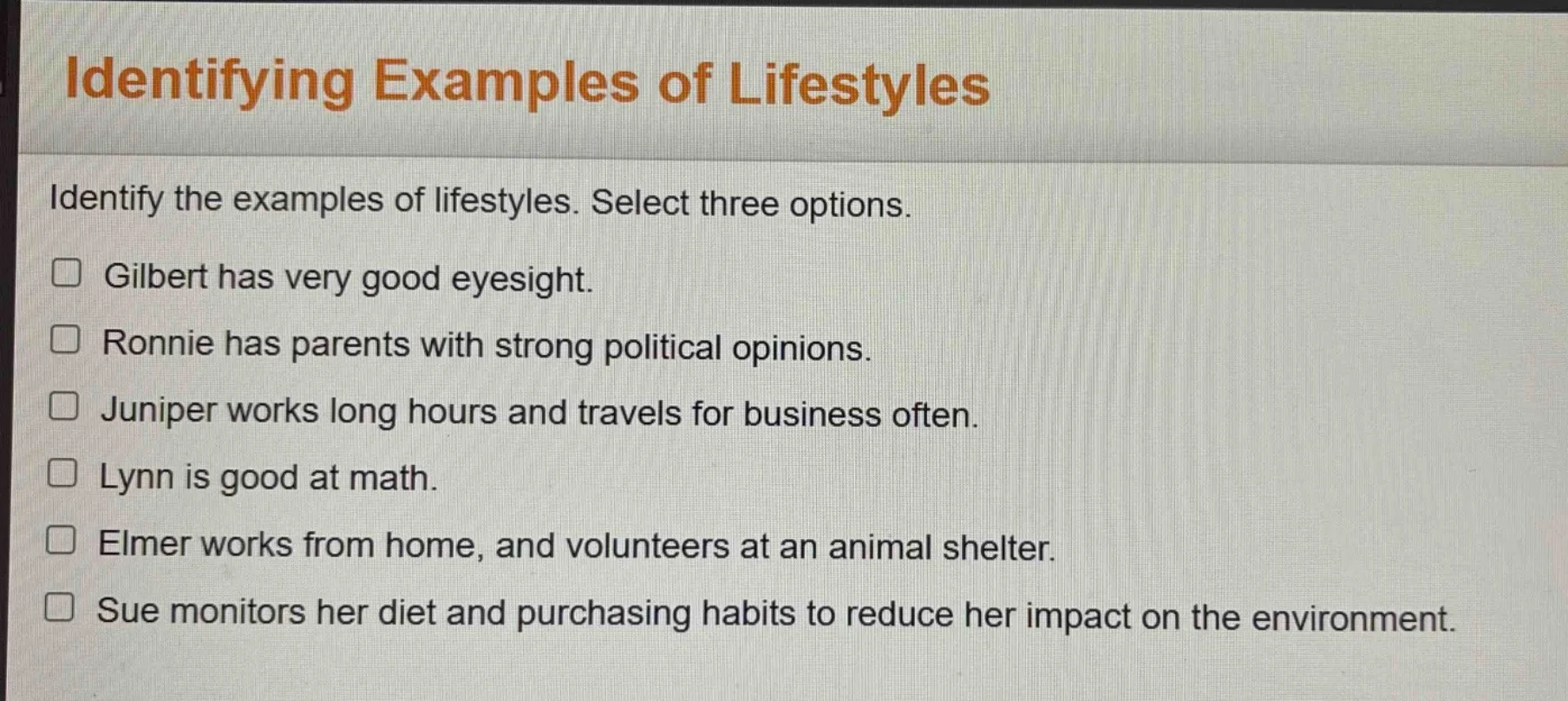 identifying examples of lifestyles identify the examples of lifestyles.…