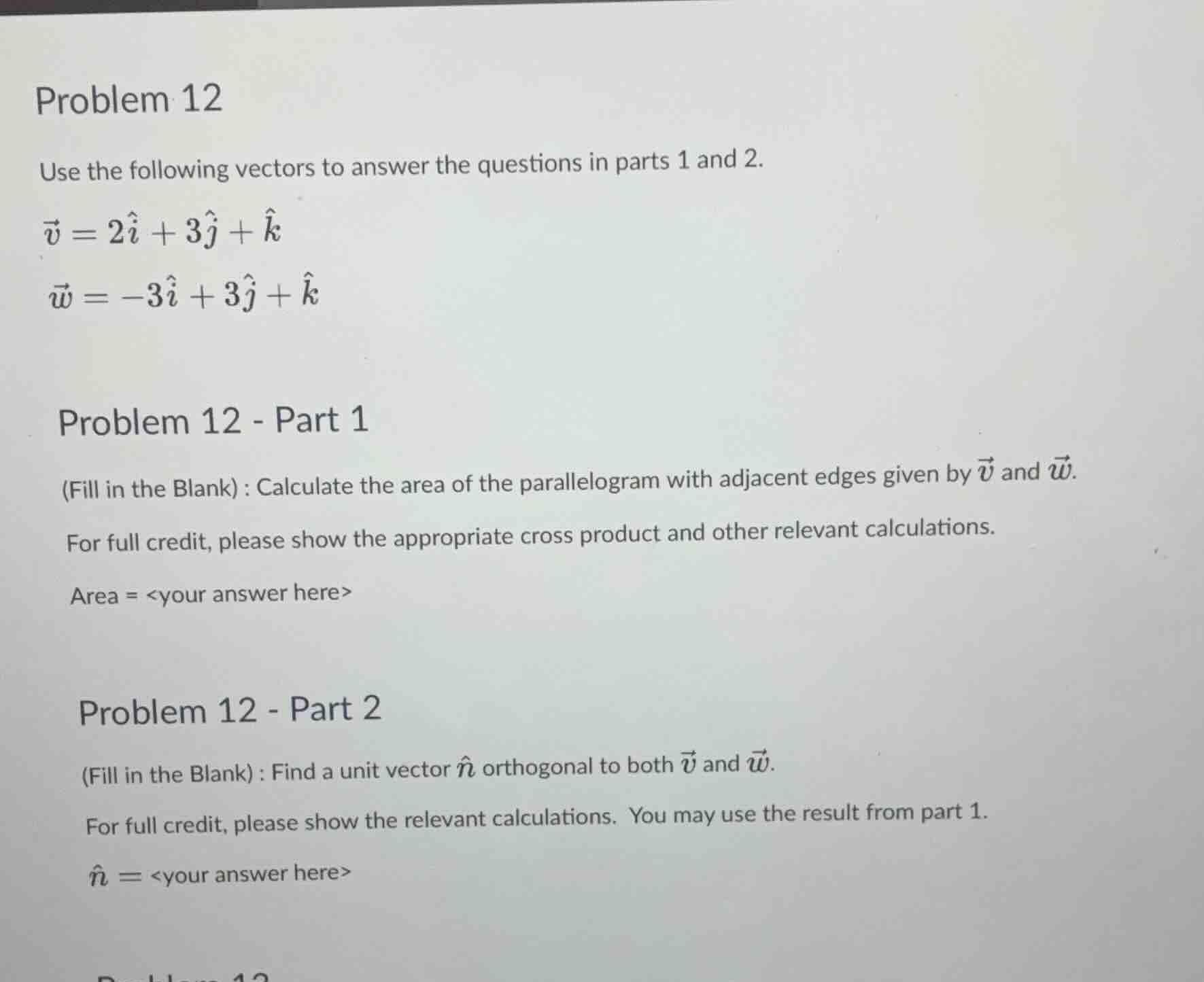 problem 12 use the following vectors to answer the questions in parts 1…