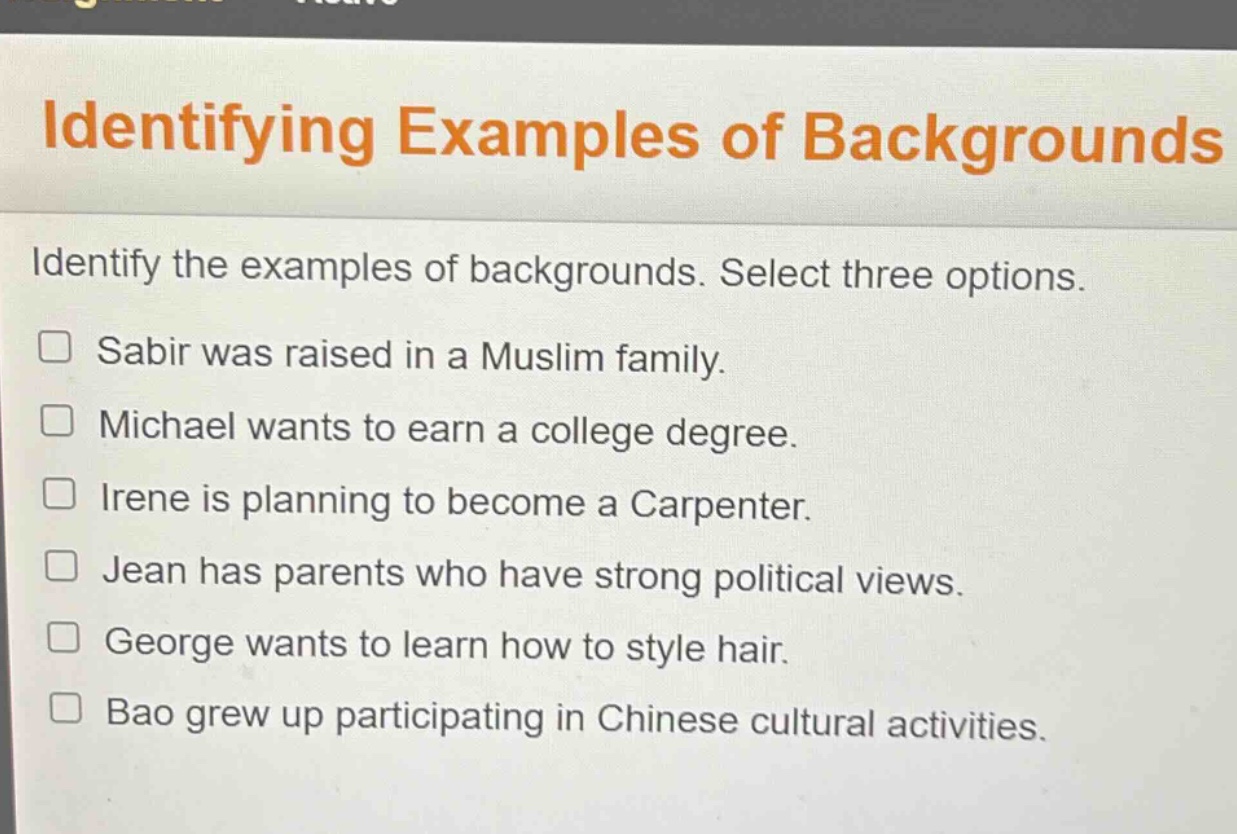identifying examples of backgrounds identify the examples of background…