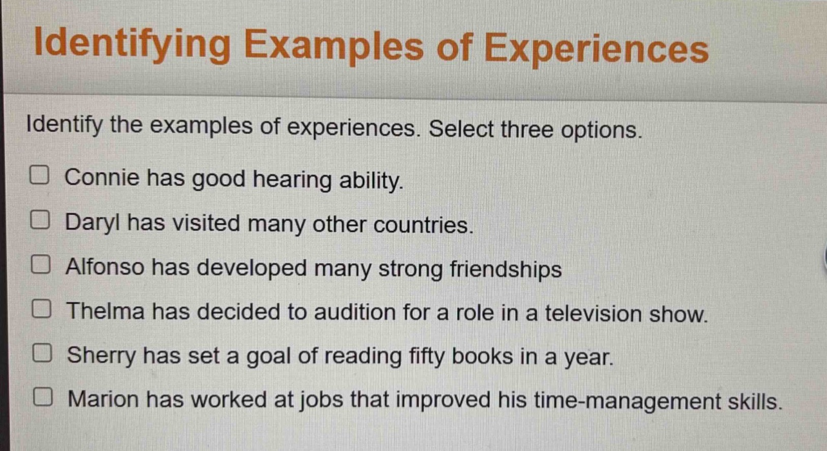 identifying examples of experiences identify the examples of experience…