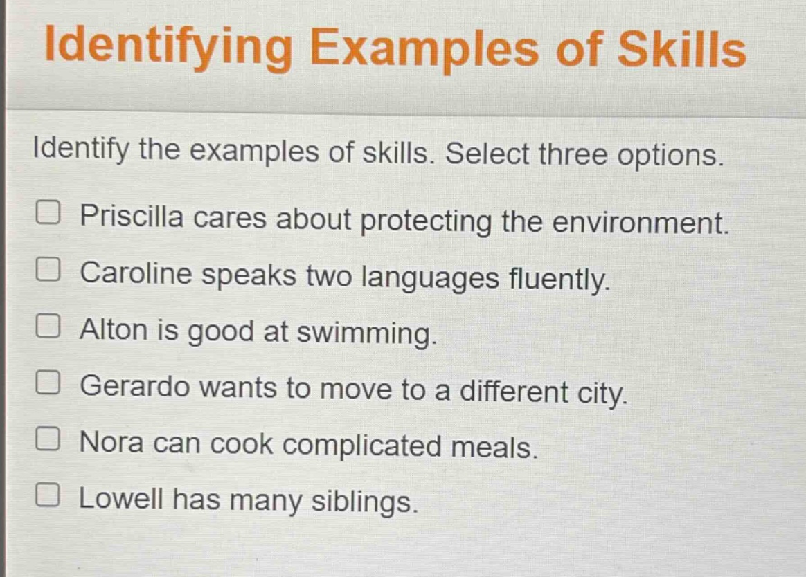 identifying examples of skills identify the examples of skills. select …