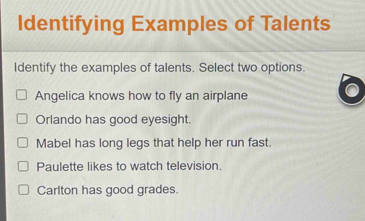 identifying examples of talents identify the examples of talents. selec…