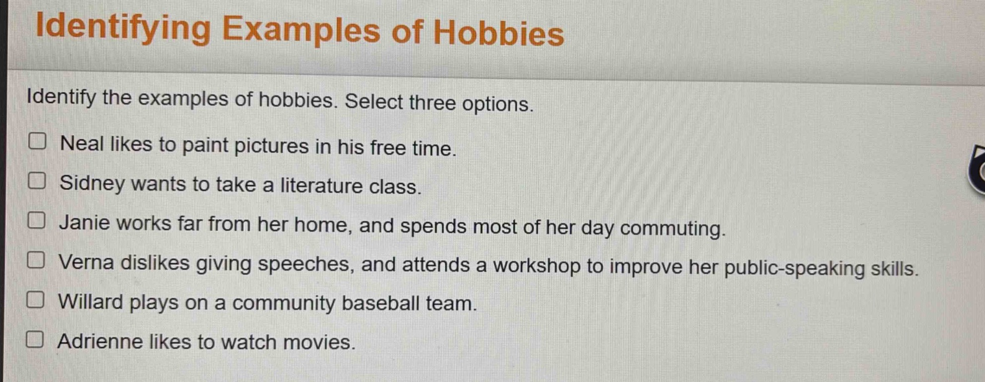 identifying examples of hobbies identify the examples of hobbies. selec…
