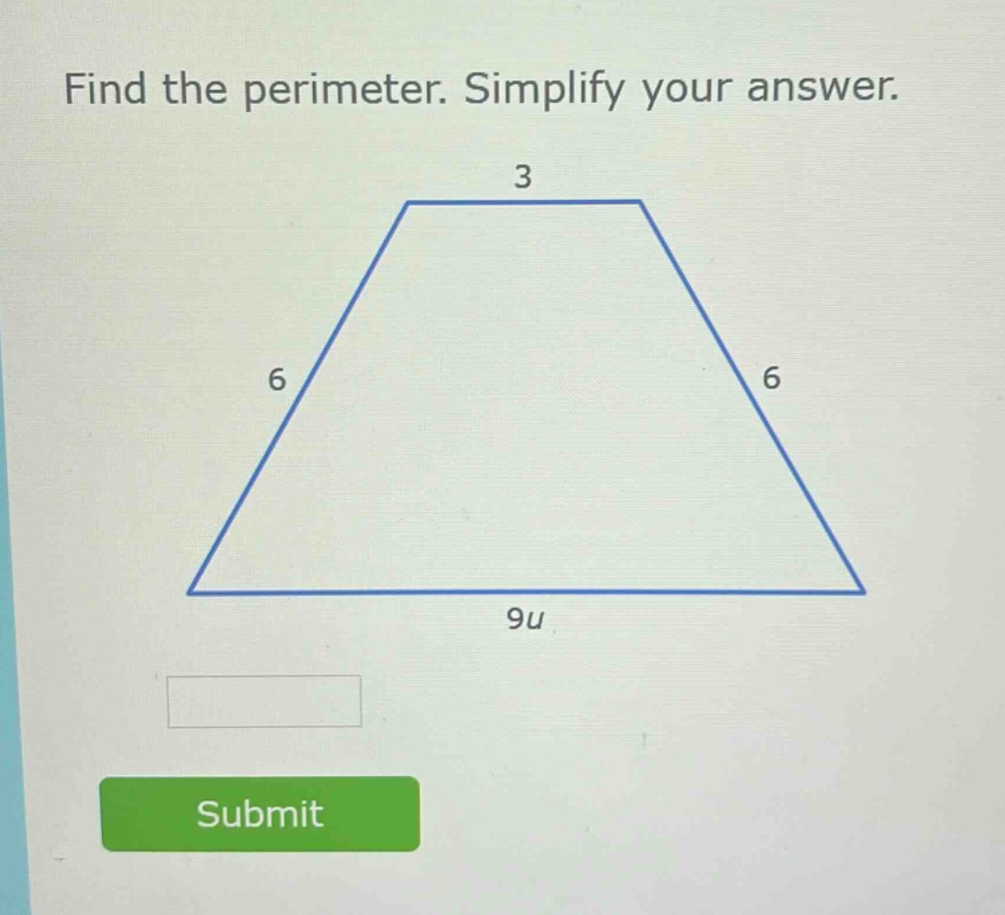 find the perimeter. simplify your answer. 3 6 6 9u submit
