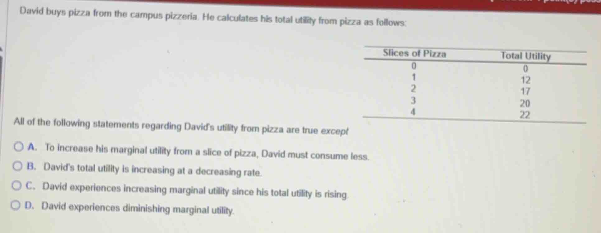 david buys pizza from the campus pizzeria. he calculates his total util…