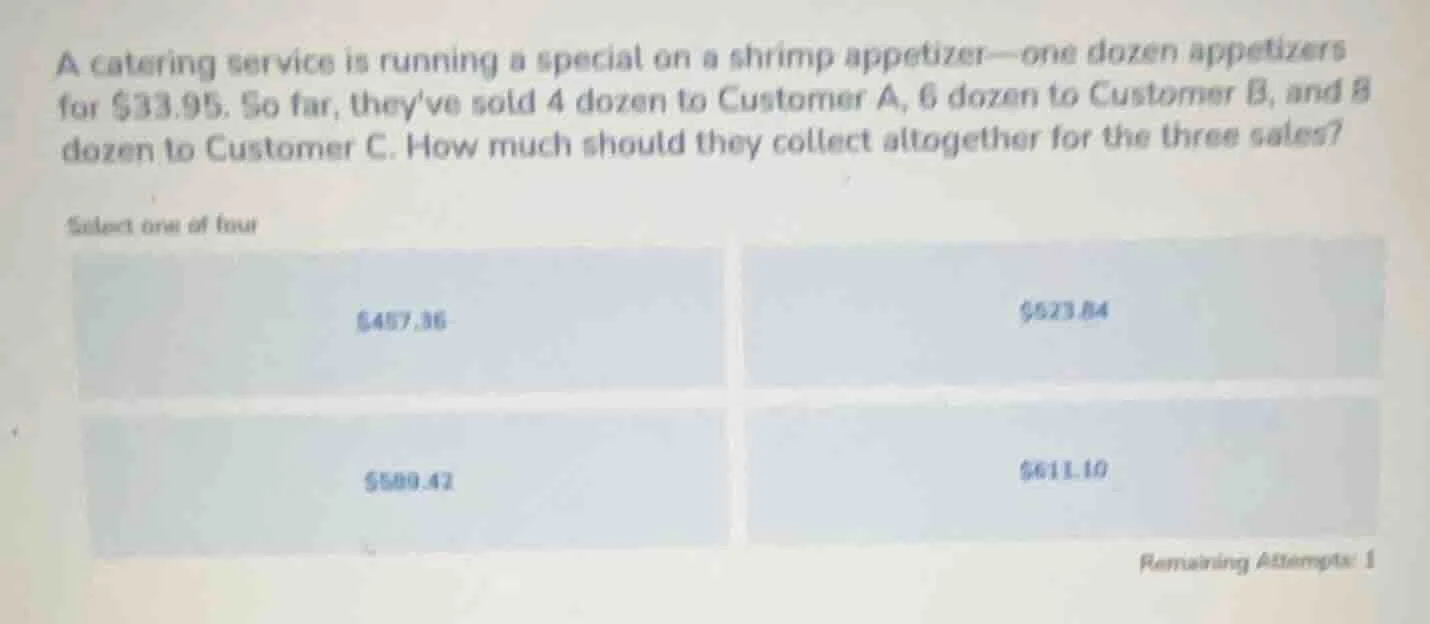 a catering service is running a special on a shrimp appetizer—one dozen…