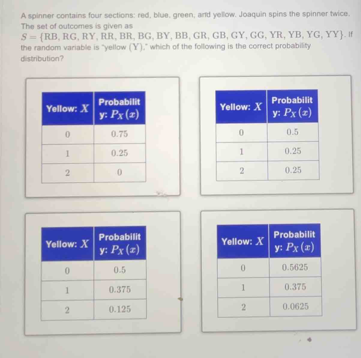 a spinner contains four sections: red, blue, green, and yellow. joaquin…