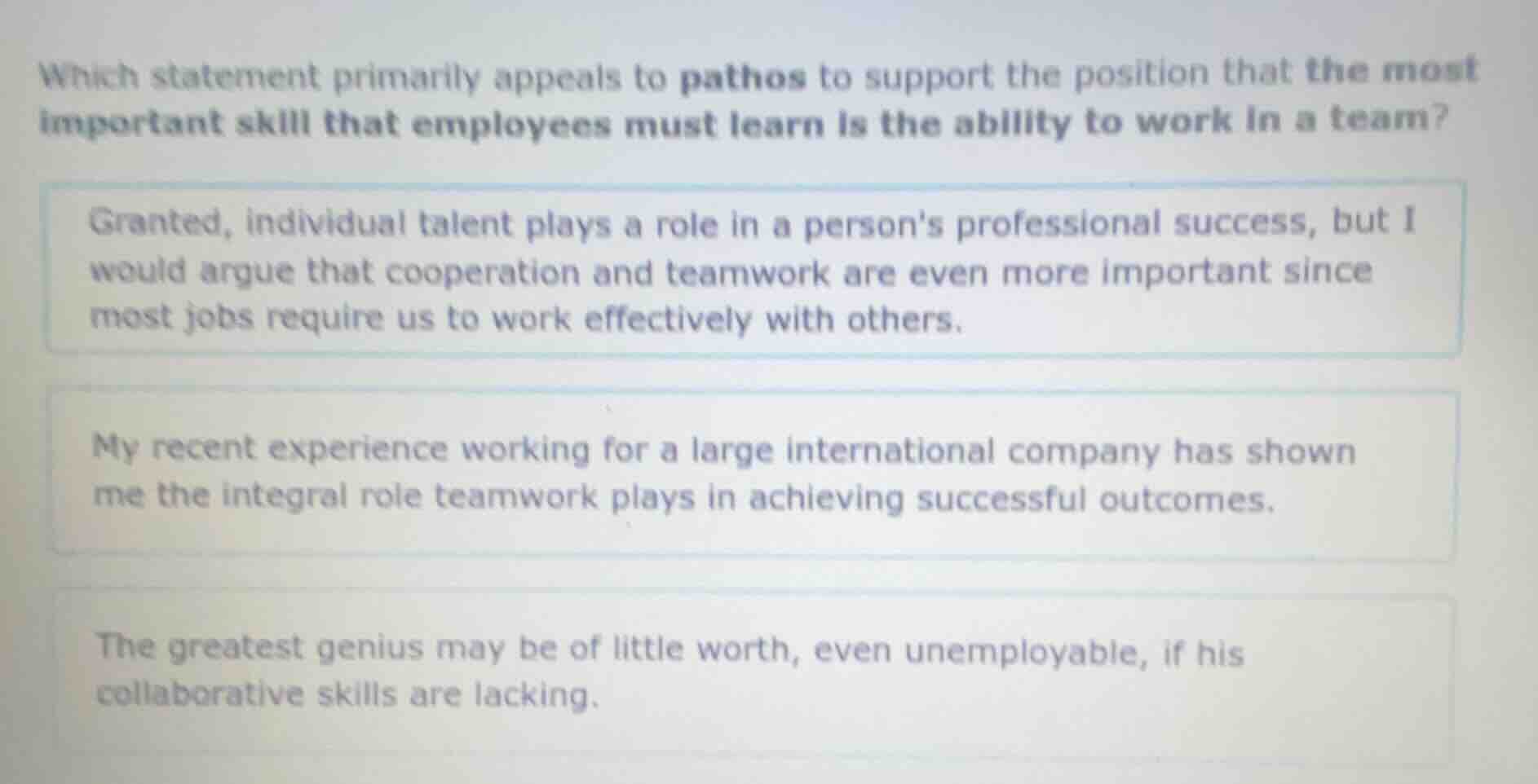 which statement primarily appeals to pathos to support the position tha…