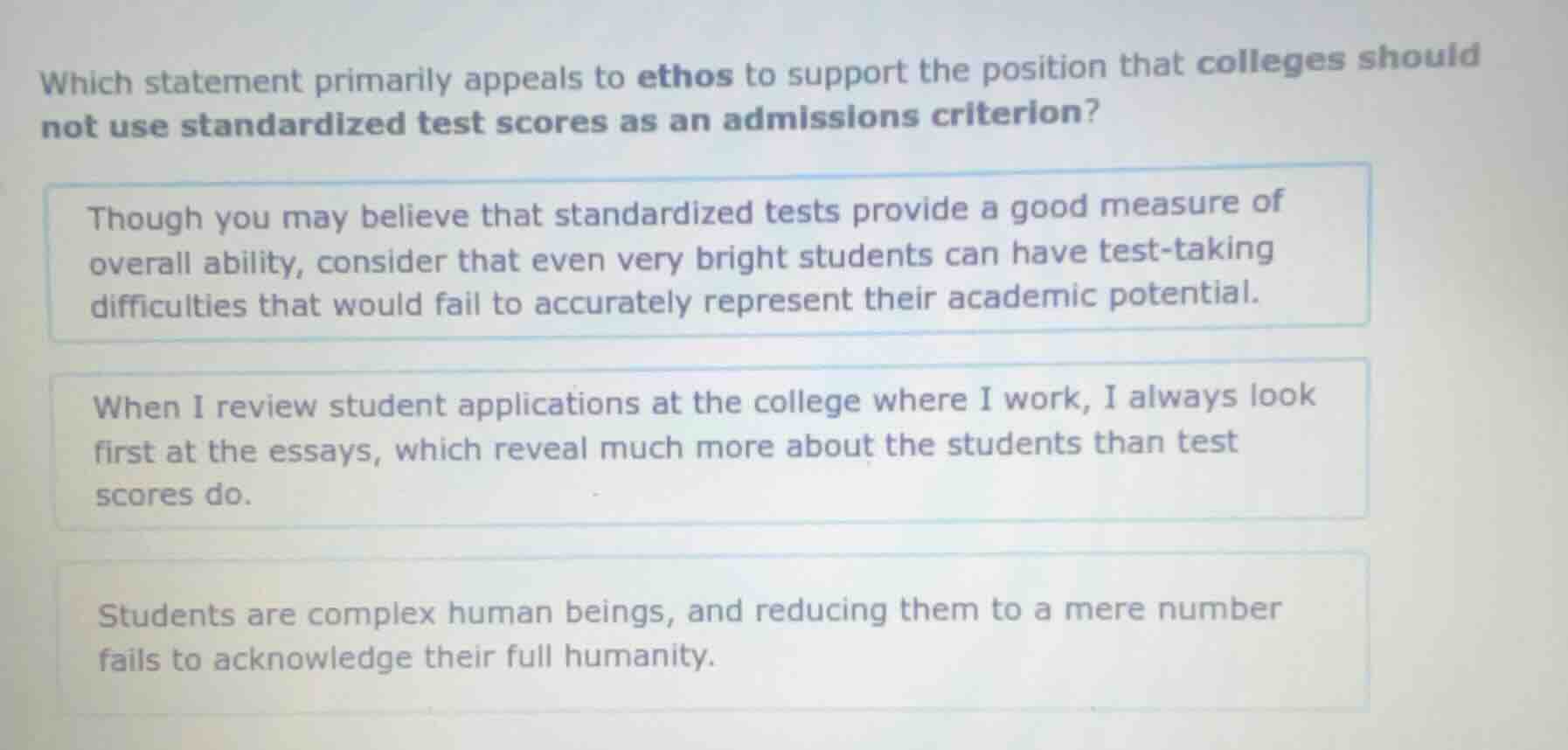which statement primarily appeals to ethos to support the position that…
