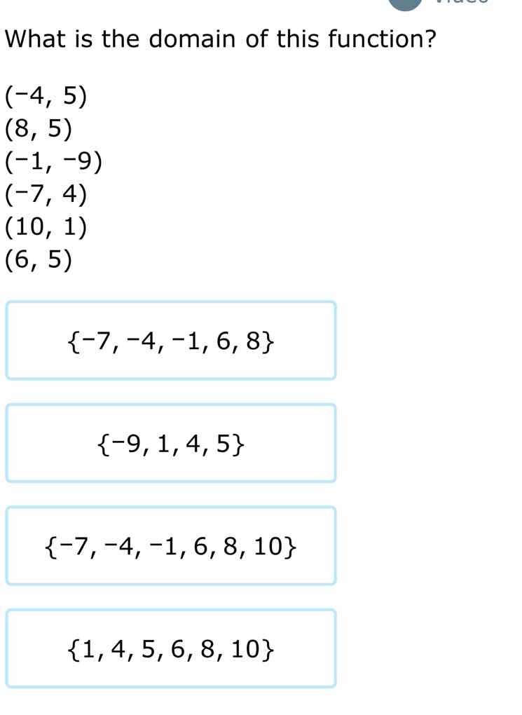 what is the domain of this function? (-4, 5) (8, 5) (-1, -9) (-7, 4) (1…