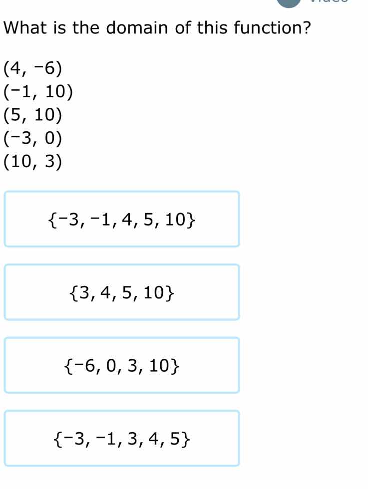 what is the domain of this function? (4, -6) (-1, 10) (5, 10) (-3, 0) (…
