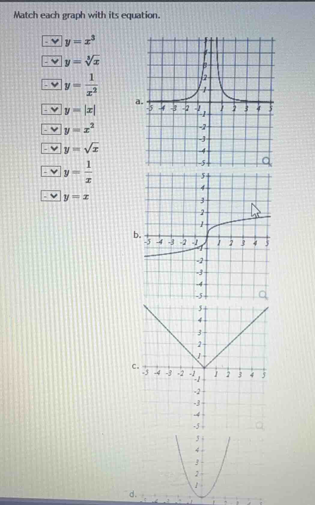 match each graph with its equation. $y = x^3$ $y = \\sqrt3{x}$ $y = \\f…