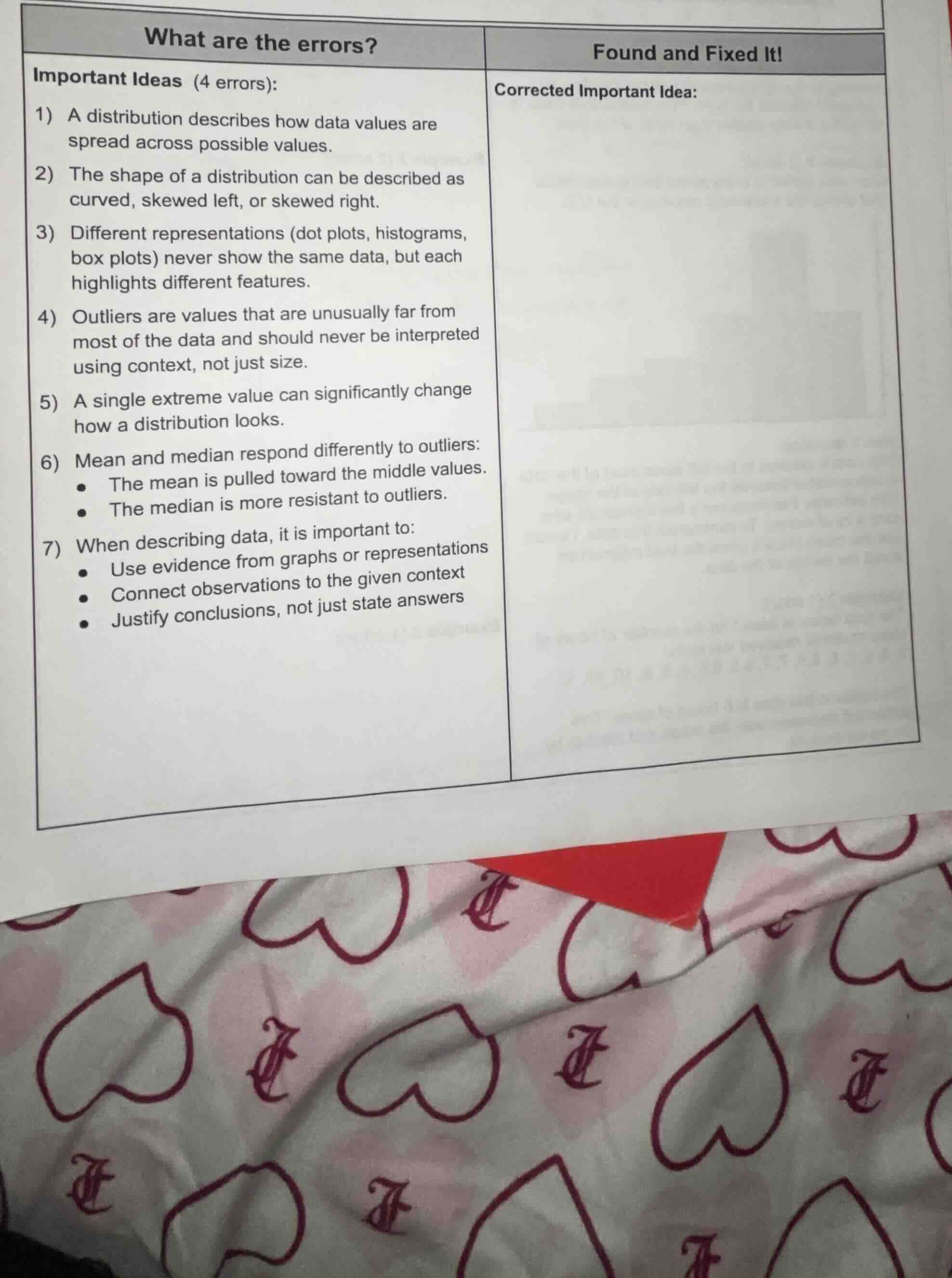 what are the errors? important ideas (4 errors): 1) a distribution desc…