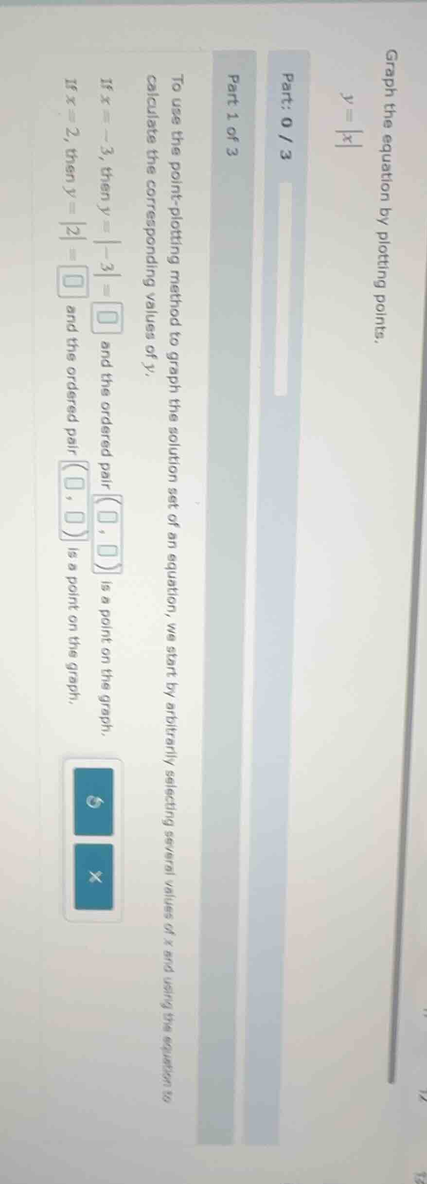 graph the equation by plotting points. y = |x| part: 0 / 3 part 1 of 3 …