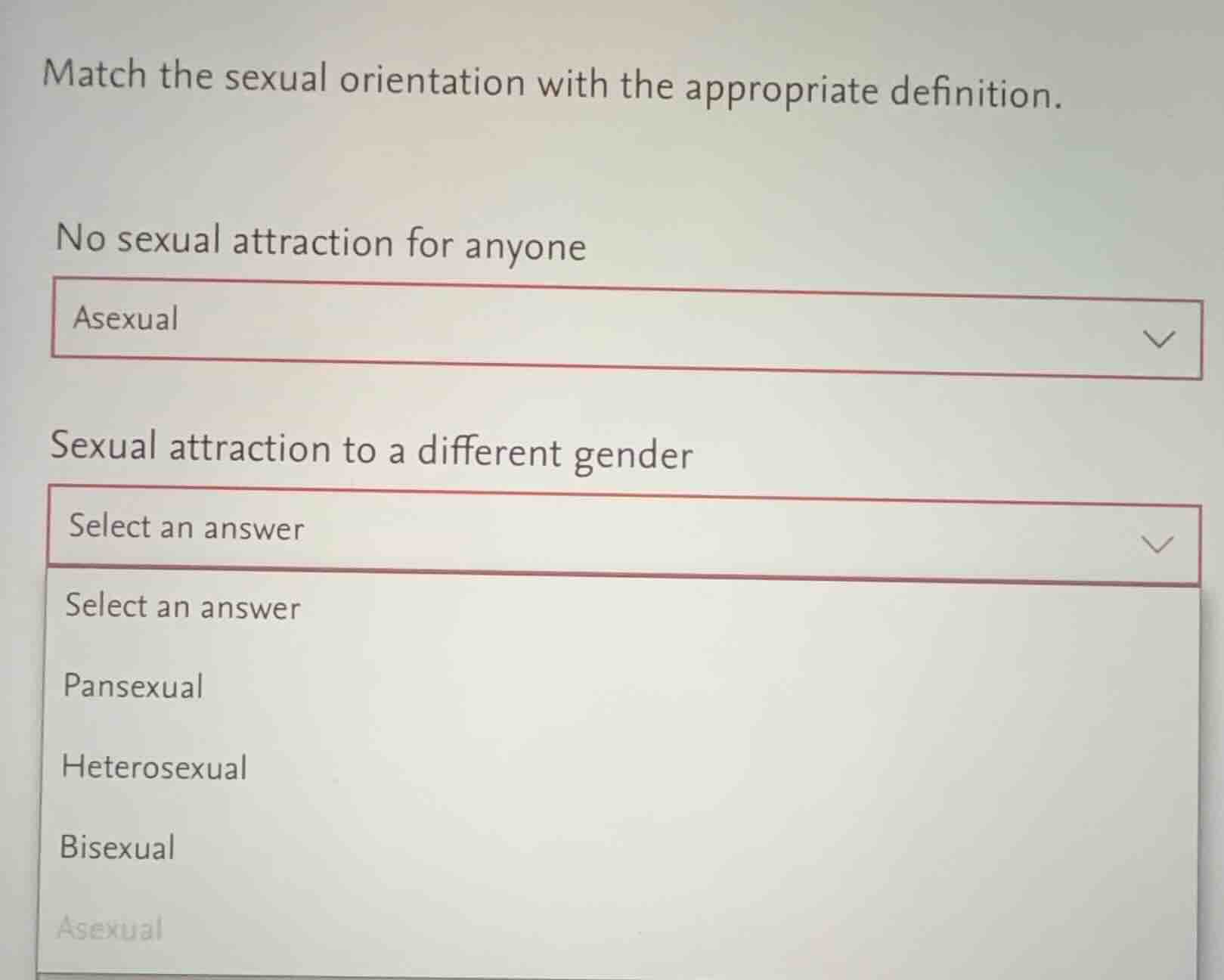 match the sexual orientation with the appropriate definition. no sexual…