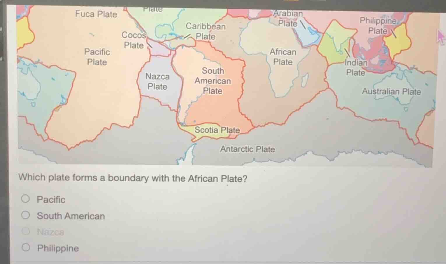 which plate forms a boundary with the african plate? ○ pacific ○ south …