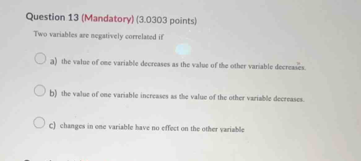 question 13 (mandatory) (3.0303 points) two variables are negatively co…