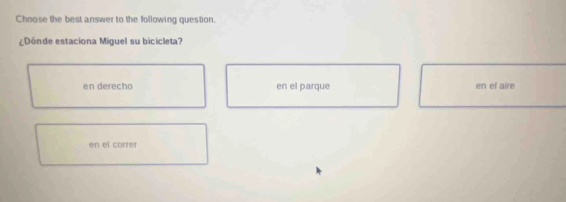 choose the best answer to the following question. ¿dónde estaciona migu…