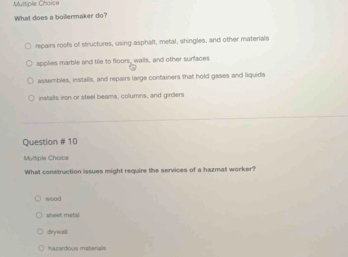 multiple choice what does a boilermaker do? repairs roofs of structures…