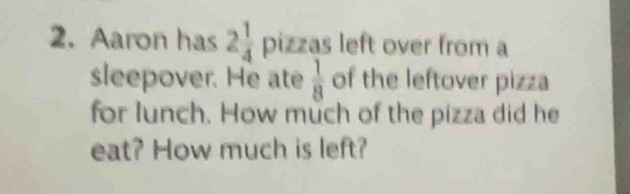 2. aaron has $2\\frac{1}{4}$ pizzas left over from a sleepover. he ate …