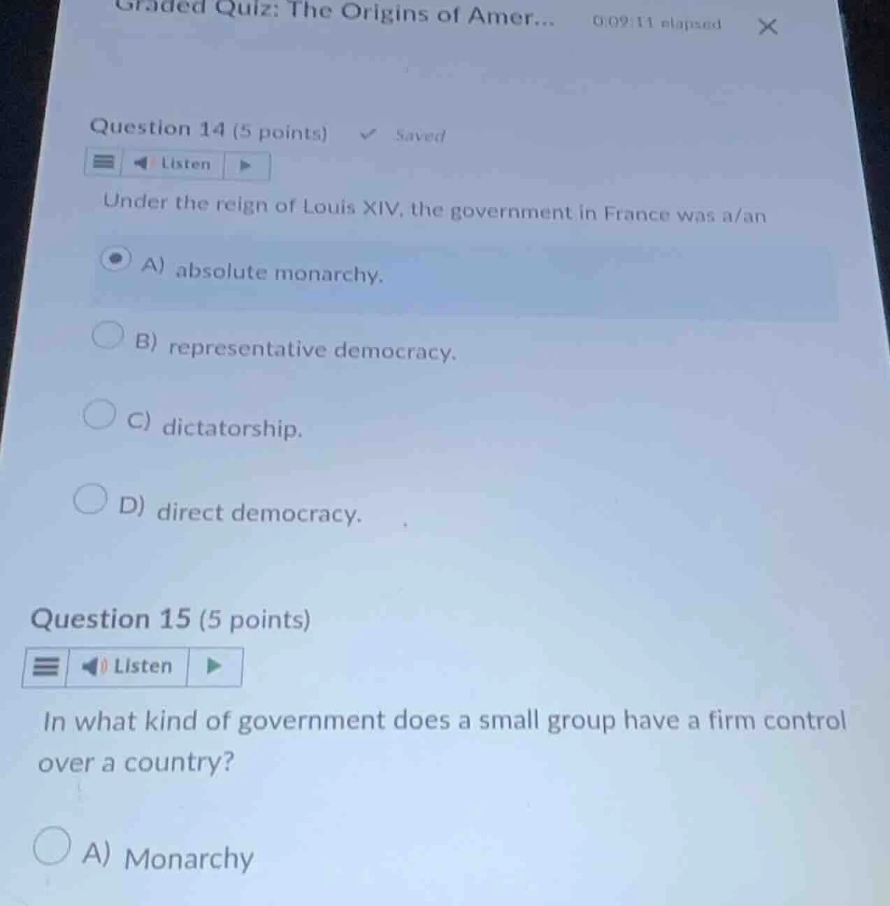 graded quiz: the origins of amer... 0:09:11 elapsed question 14 (5 poin…