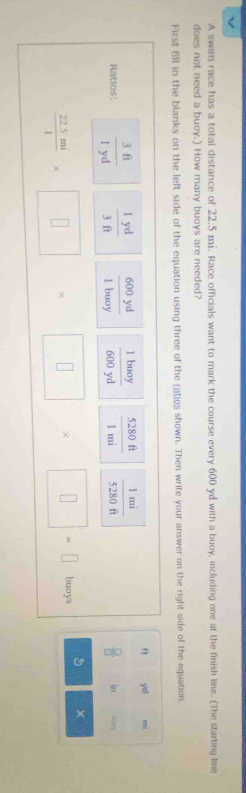 a swim race has a total distance of 22.5 mi. race officials want to mar…