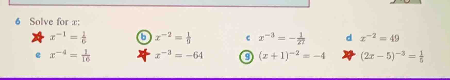 6 solve for x: ★ ( x^{-1} = \frac{1}{6} ) ( \boldsymbol{\text{b}} ) ( x…