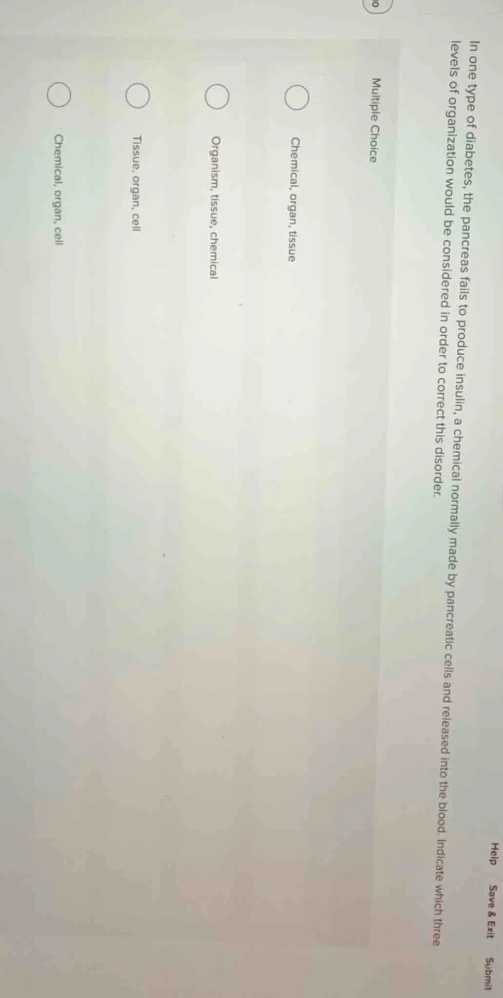 in one type of diabetes, the pancreas fails to produce insulin, a chemi…