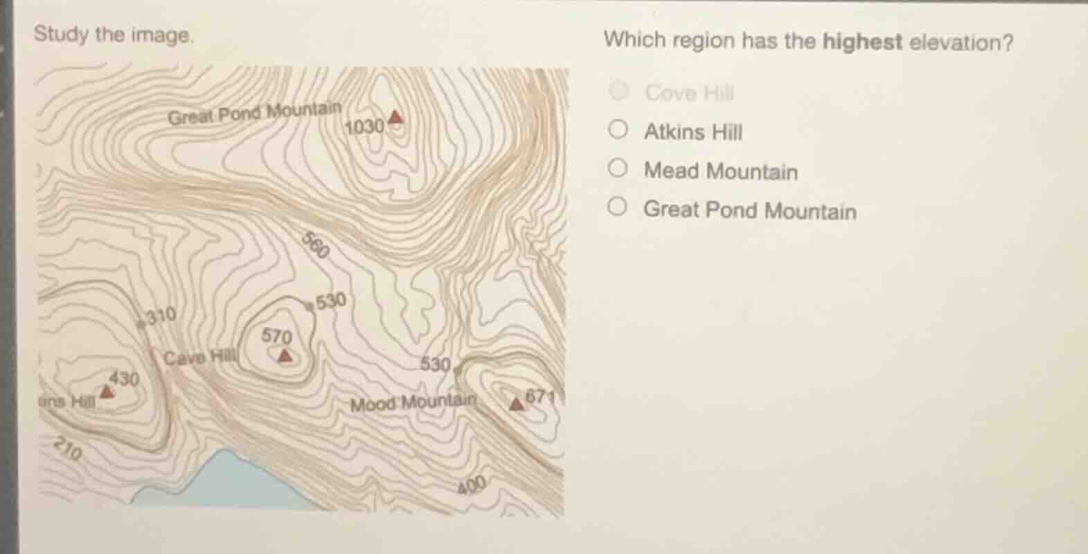 study the image. which region has the highest elevation? cove hill atki…