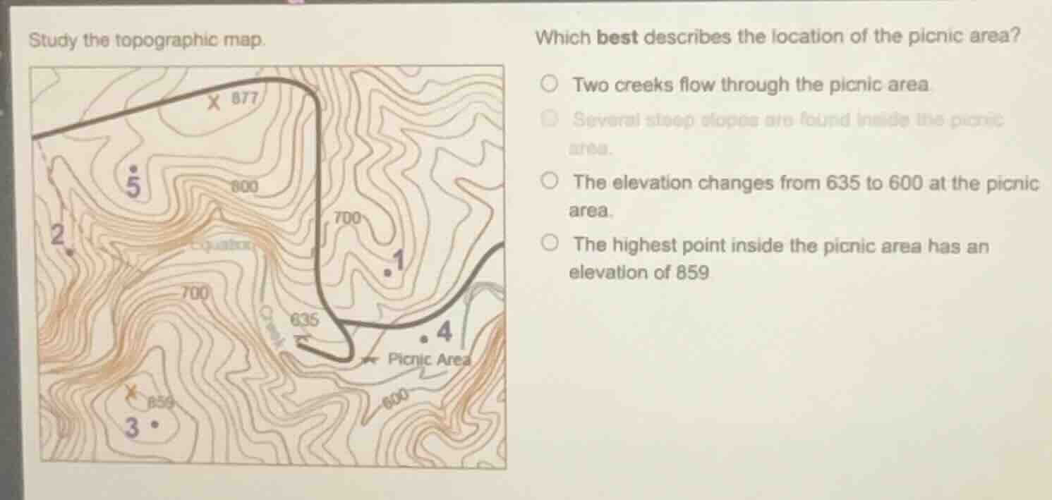study the topographic map. which best describes the location of the pic…
