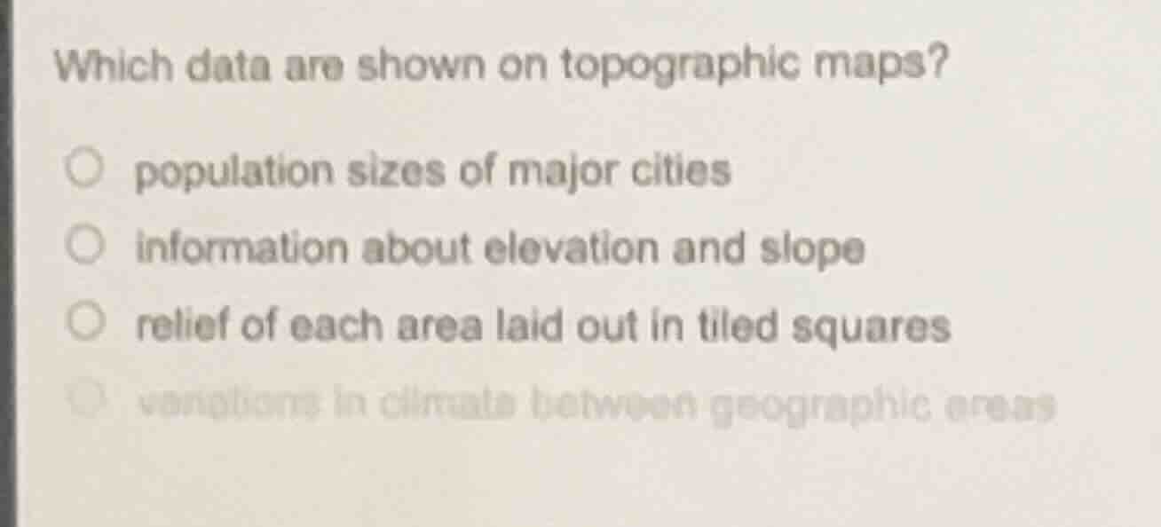 which data are shown on topographic maps? ○ population sizes of major c…