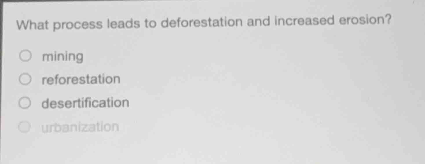 what process leads to deforestation and increased erosion? ○ mining ○ r…