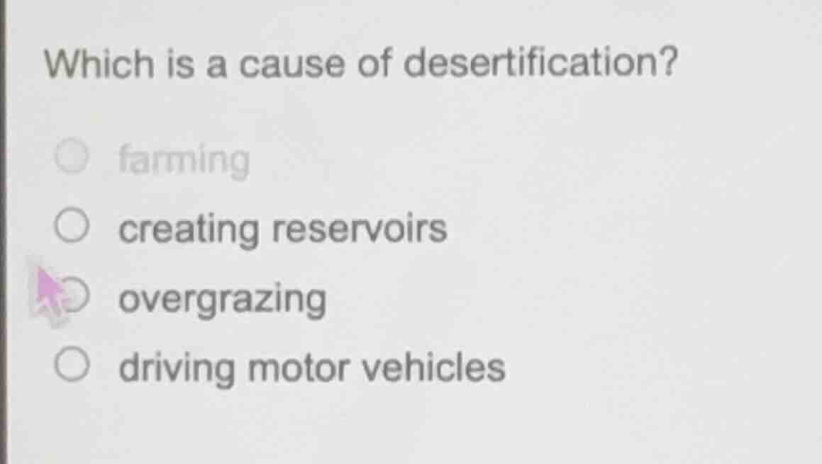 which is a cause of desertification? farming creating reservoirs overgr…