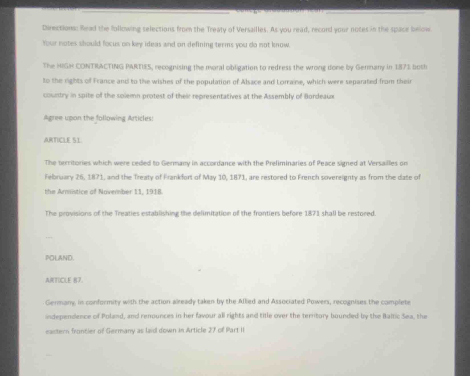 directions: read the following selections from the treaty of versailles…