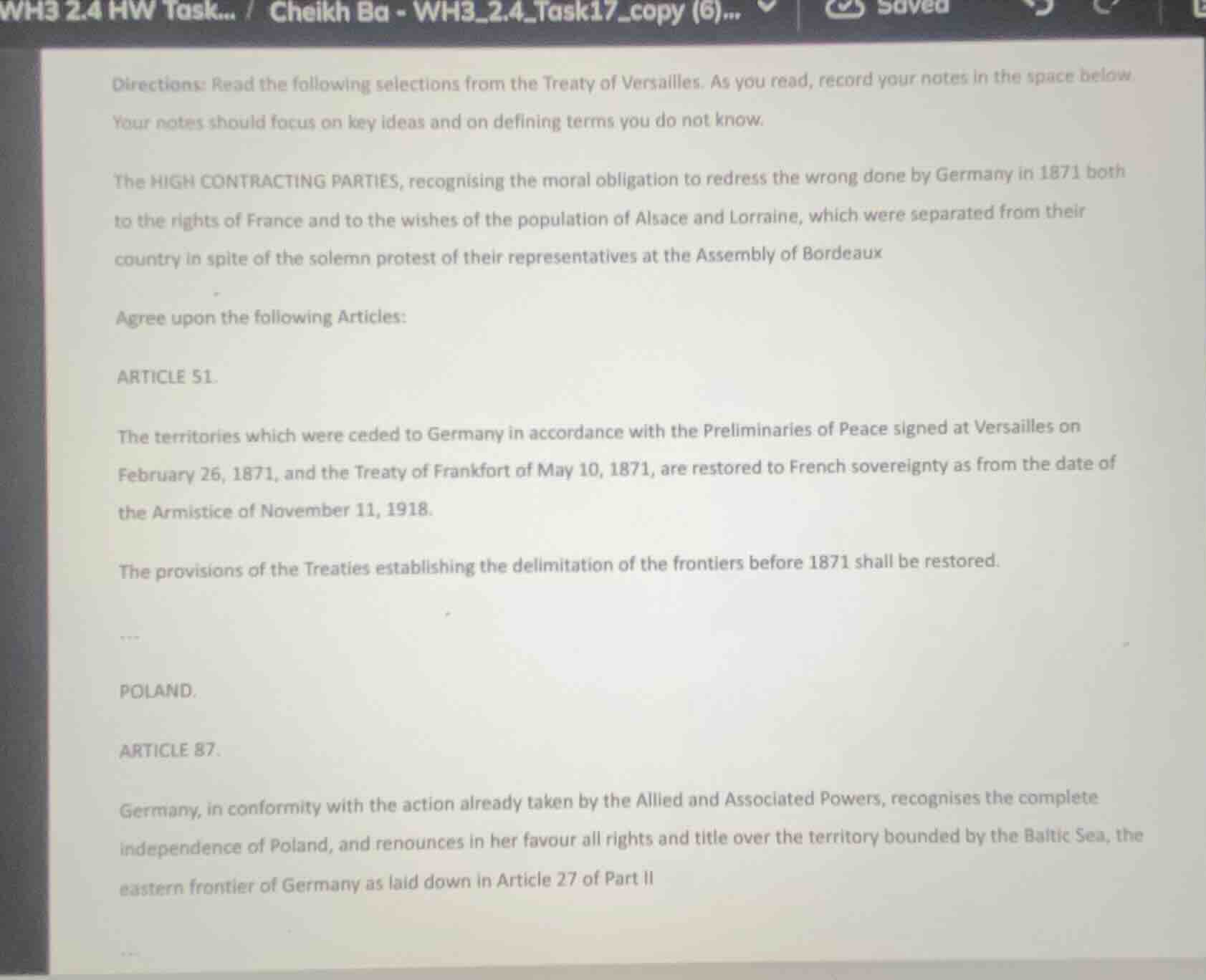 directions: read the following selections from the treaty of versailles…