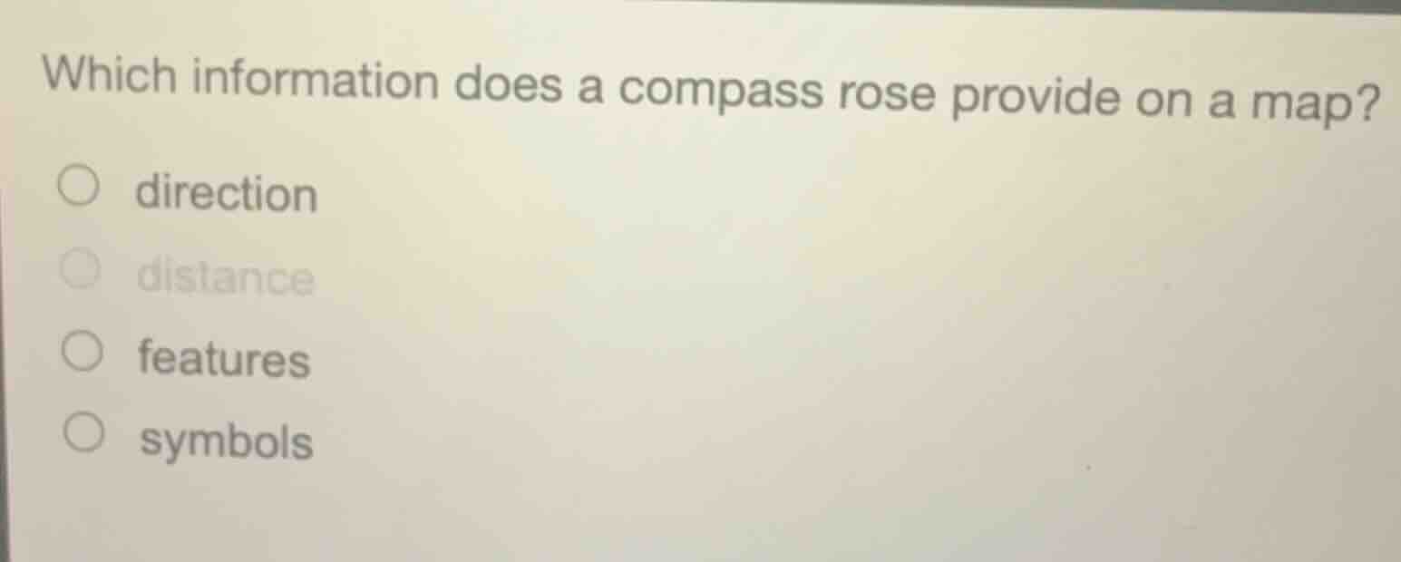 which information does a compass rose provide on a map? ○ direction ○ d…