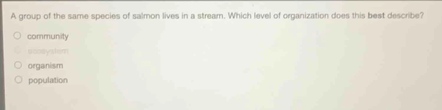 a group of the same species of salmon lives in a stream. which level of…
