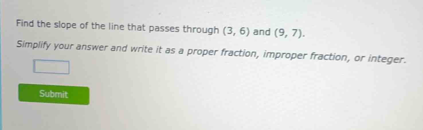 find the slope of the line that passes through (3, 6) and (9, 7). simpl…