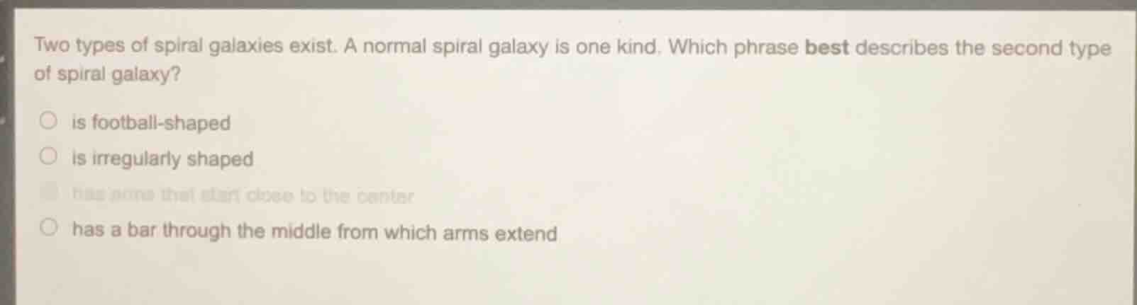 two types of spiral galaxies exist. a normal spiral galaxy is one kind.…