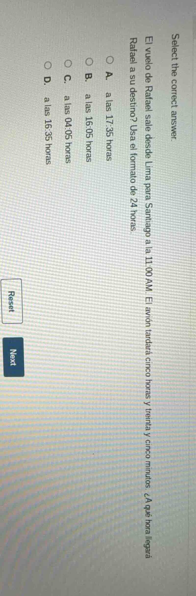 select the correct answer. el vuelo de rafael sale desde de lima para s…