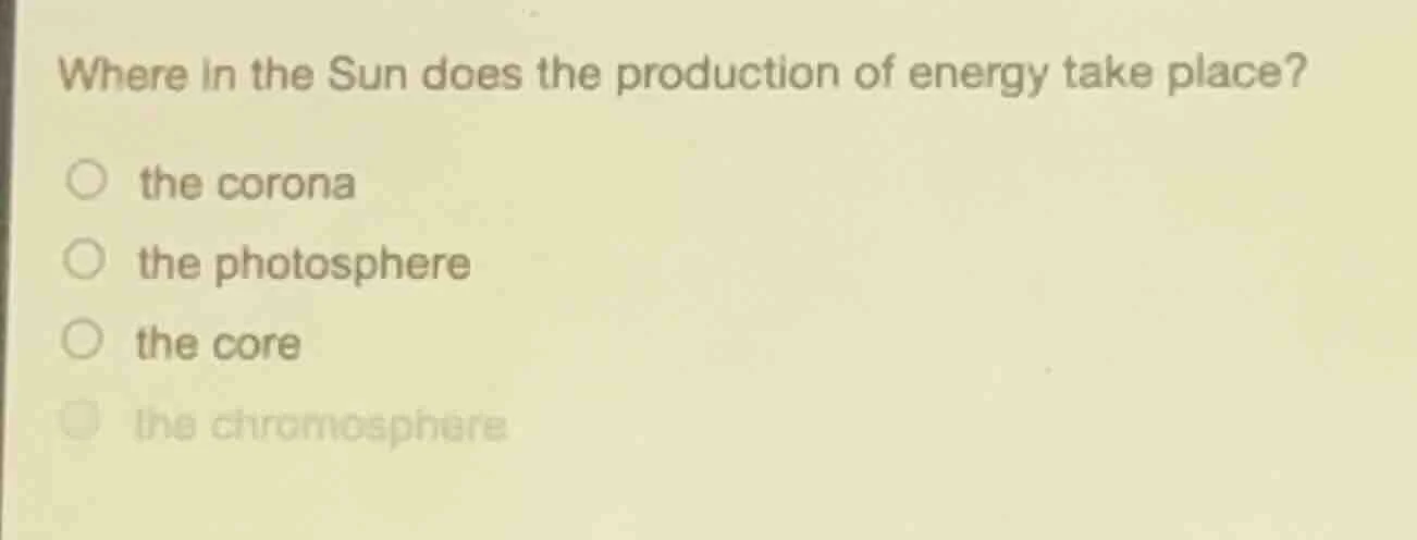 where in the sun does the production of energy take place? ○ the corona…