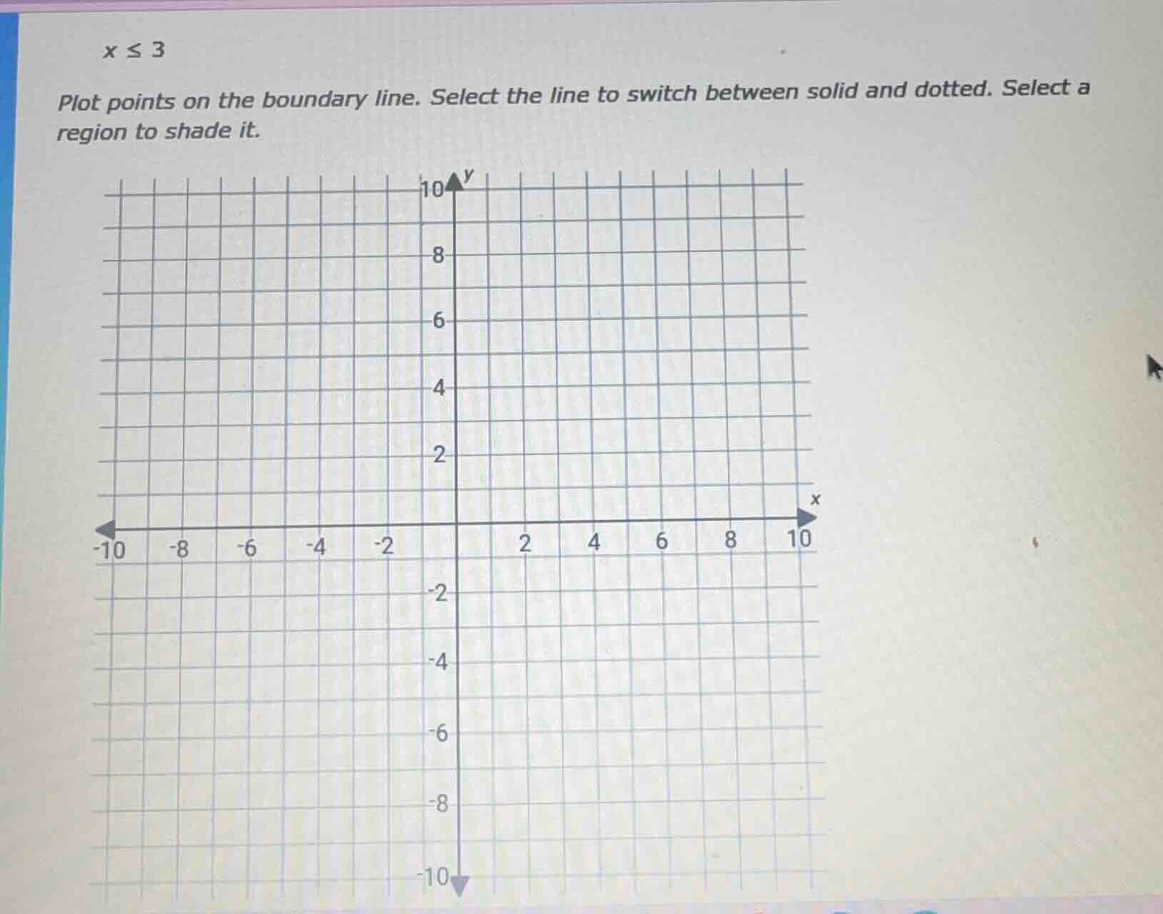 x ≤ 3 plot points on the boundary line. select the line to switch betwe…