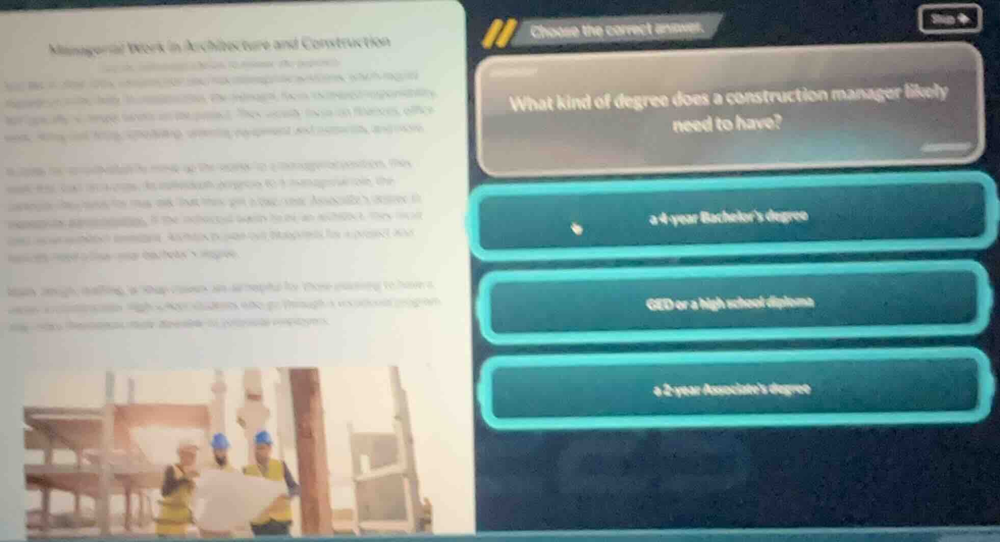 choose the correct answer. what kind of degree does a construction mana…