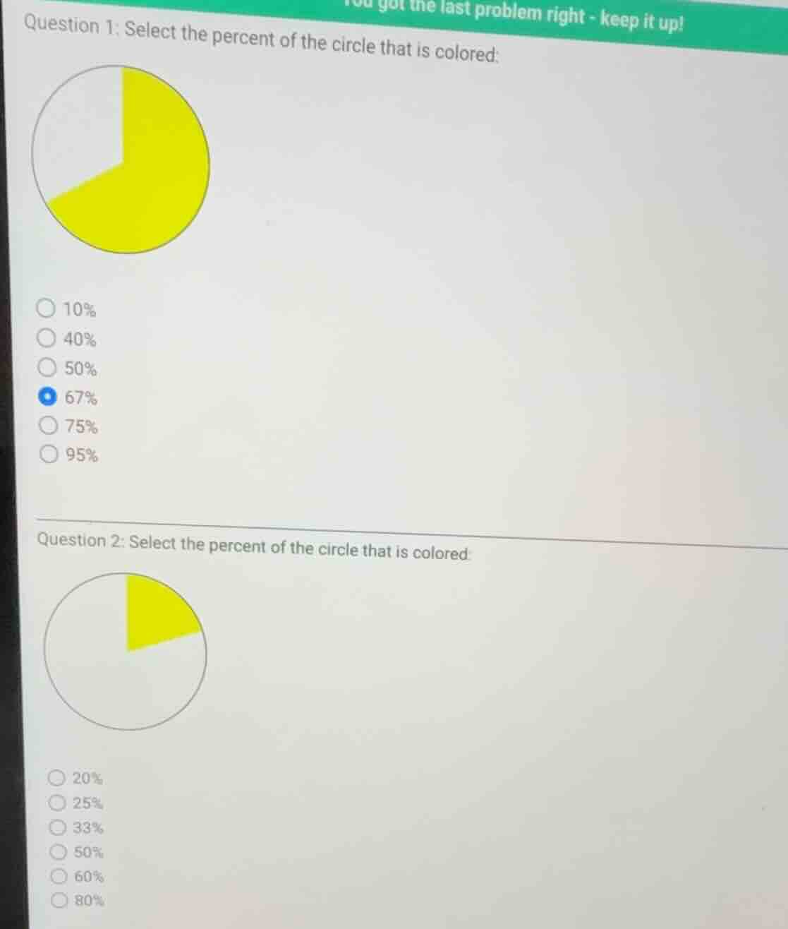 question 1: select the percent of the circle that is colored: options: …