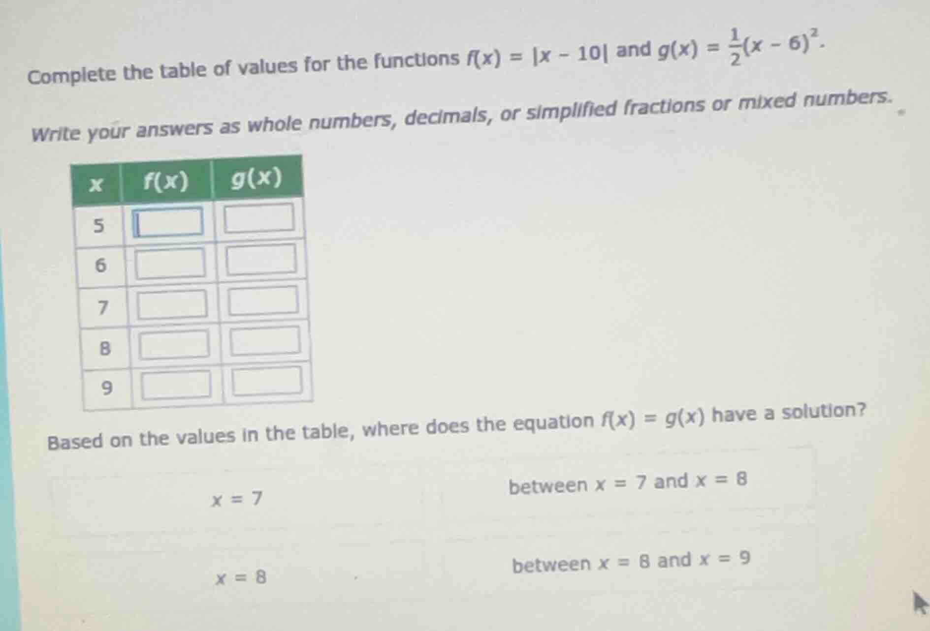 complete the table of values for the functions $f(x) = |x - 10|$ and $g…