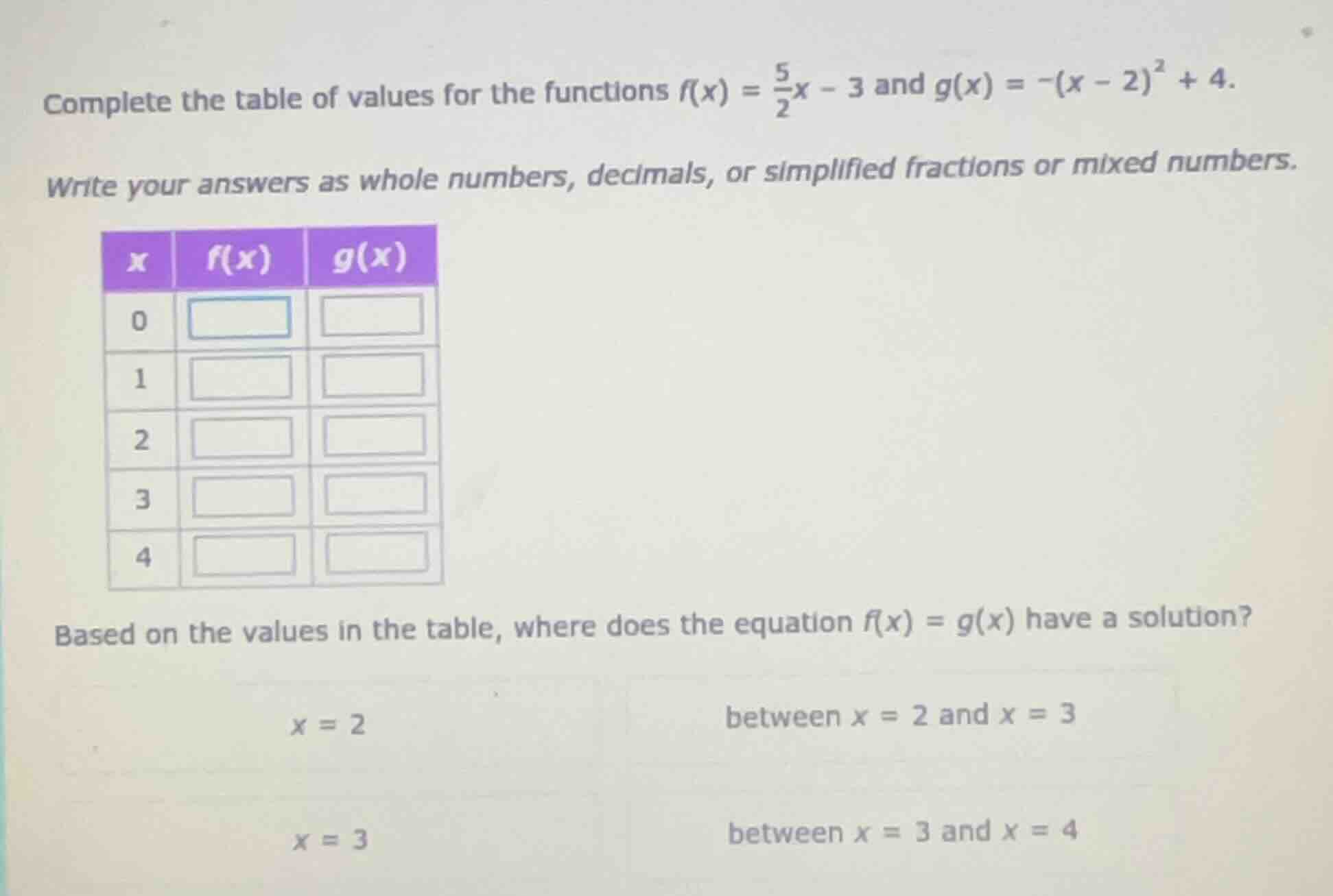 complete the table of values for the functions ( f(x) = \frac{5}{2}x - …